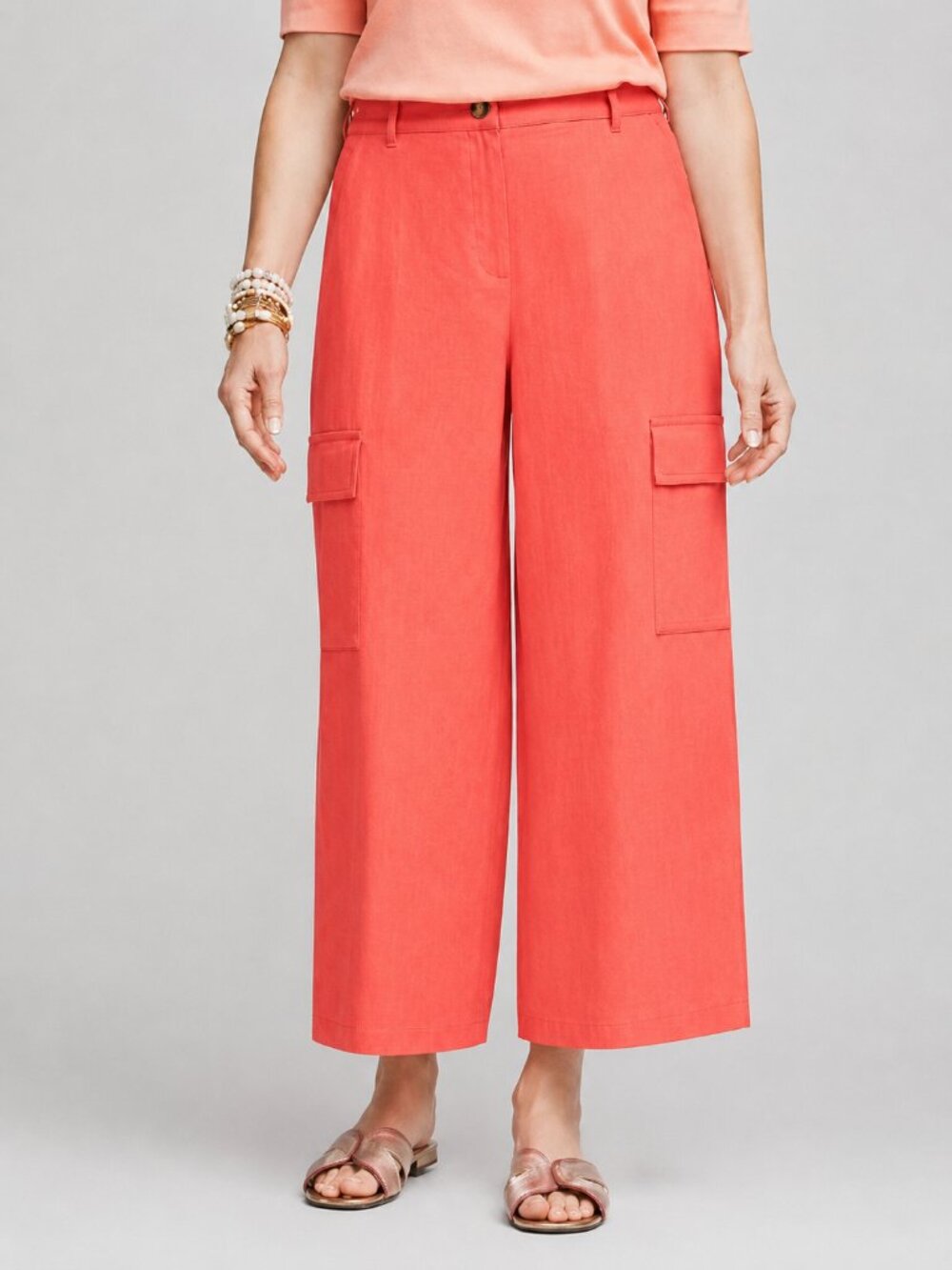 Chico's Linen Cargo Pants Size 3 (16) Coral Wide Leg Cropped